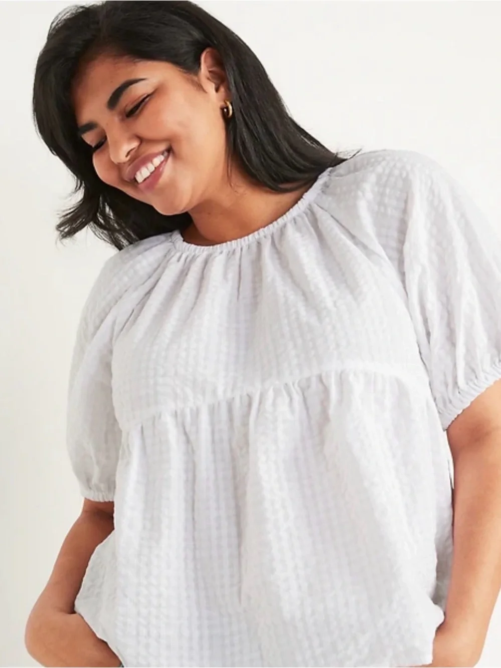 Old Navy Puff-Sleeve Seersucker Babydoll Swing Blouse Square Neck Elastic Sz XXL